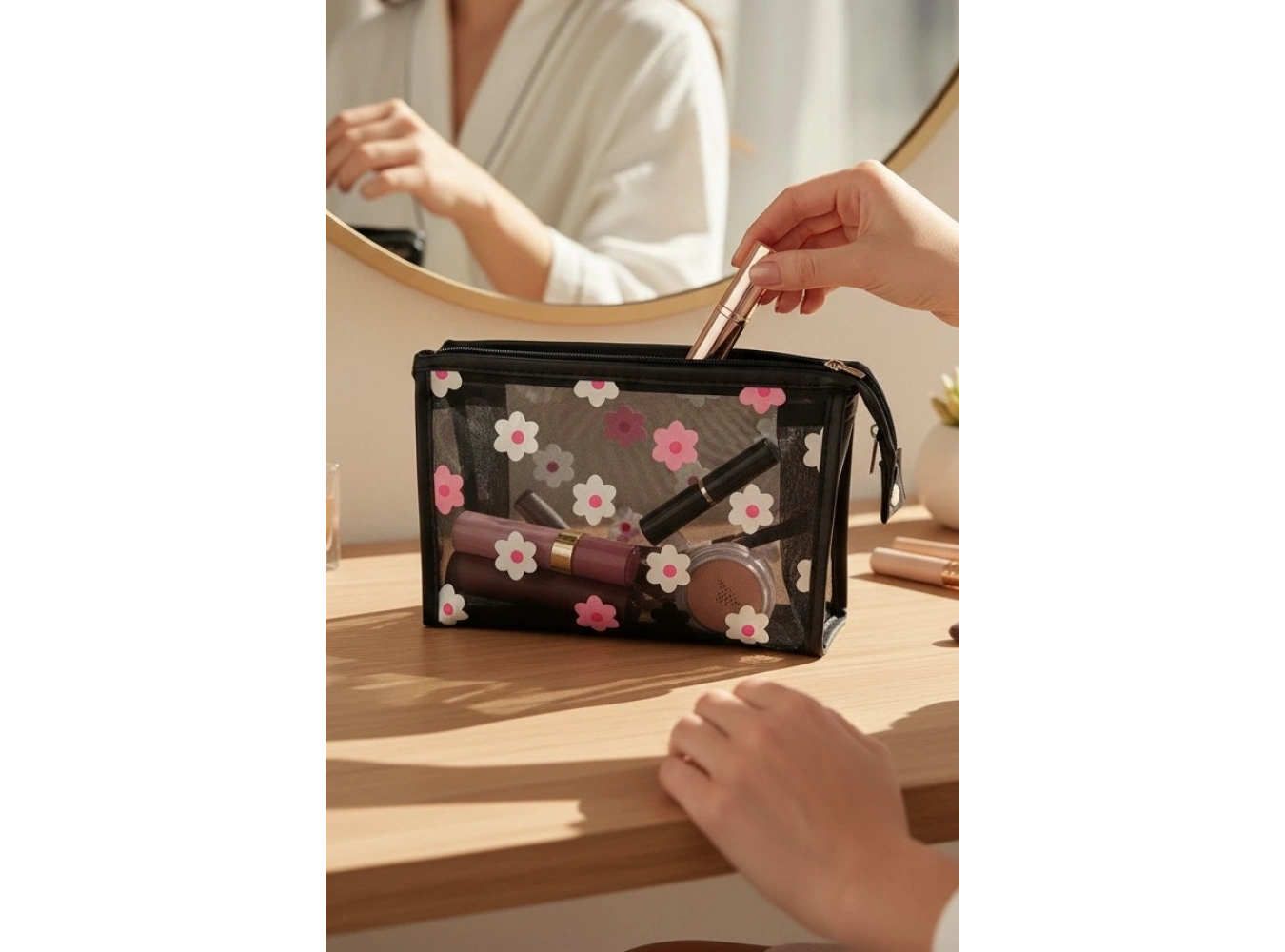 Karışık Renk Çiçek Detaylı Makyaj Çantası
