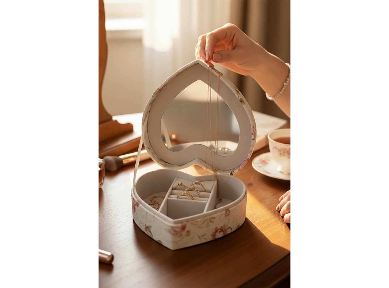 Karışık Renk Çiçek Figürlü Ayna Detaylı Çekmeceli Takı Organizeri