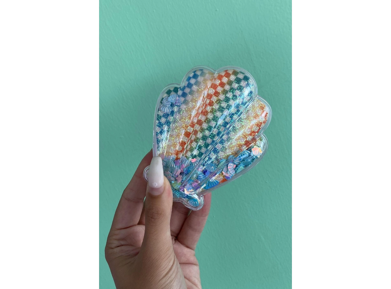 Karışık Renk Deniz Kabuğu Detaylı Kare Figürlü Simli Taşınabilir Saç Tarama Fırçası/ Tarak