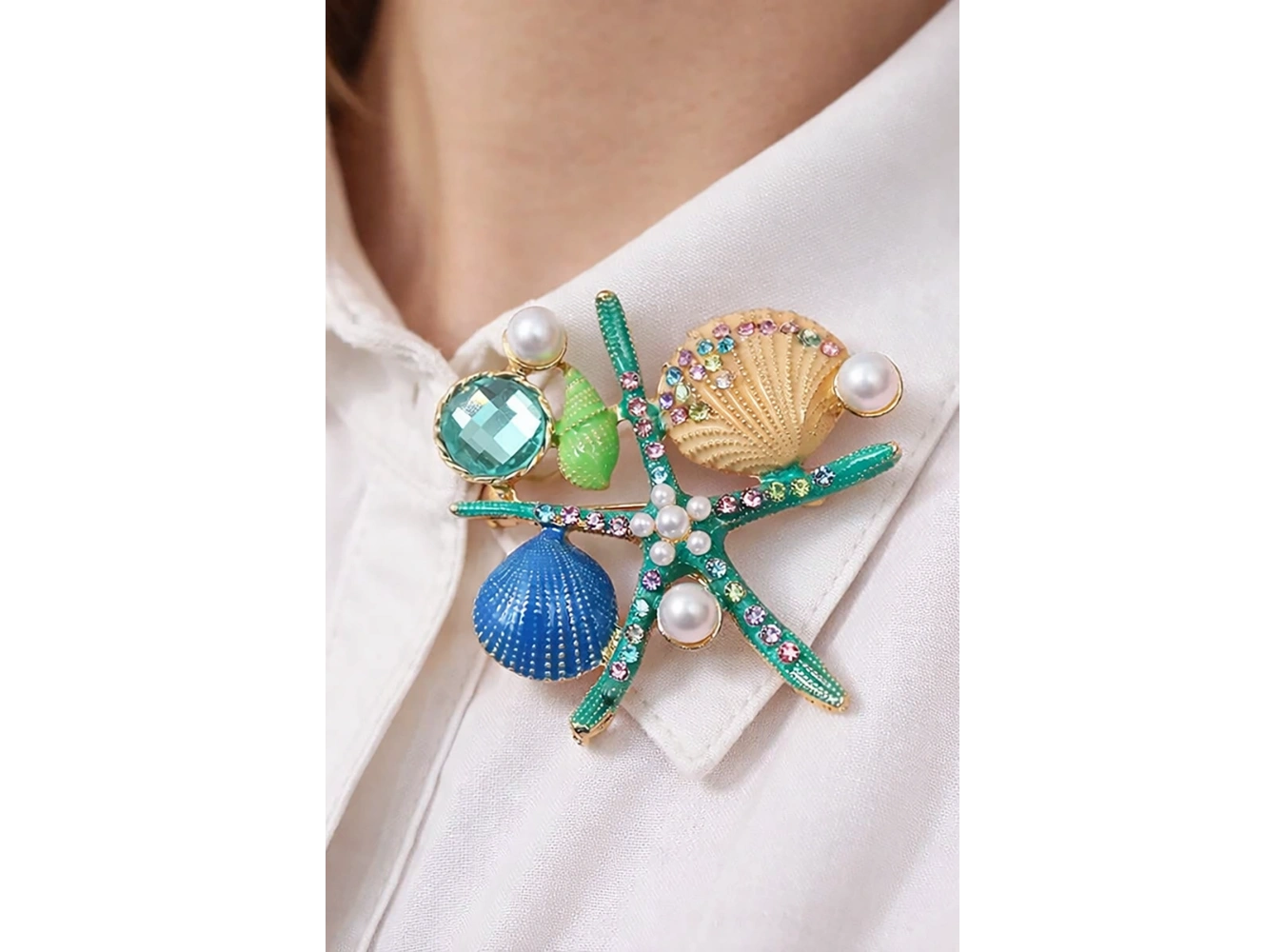 Karışık Renk Deniz Yıldızı Figürlü Taşlı Broş