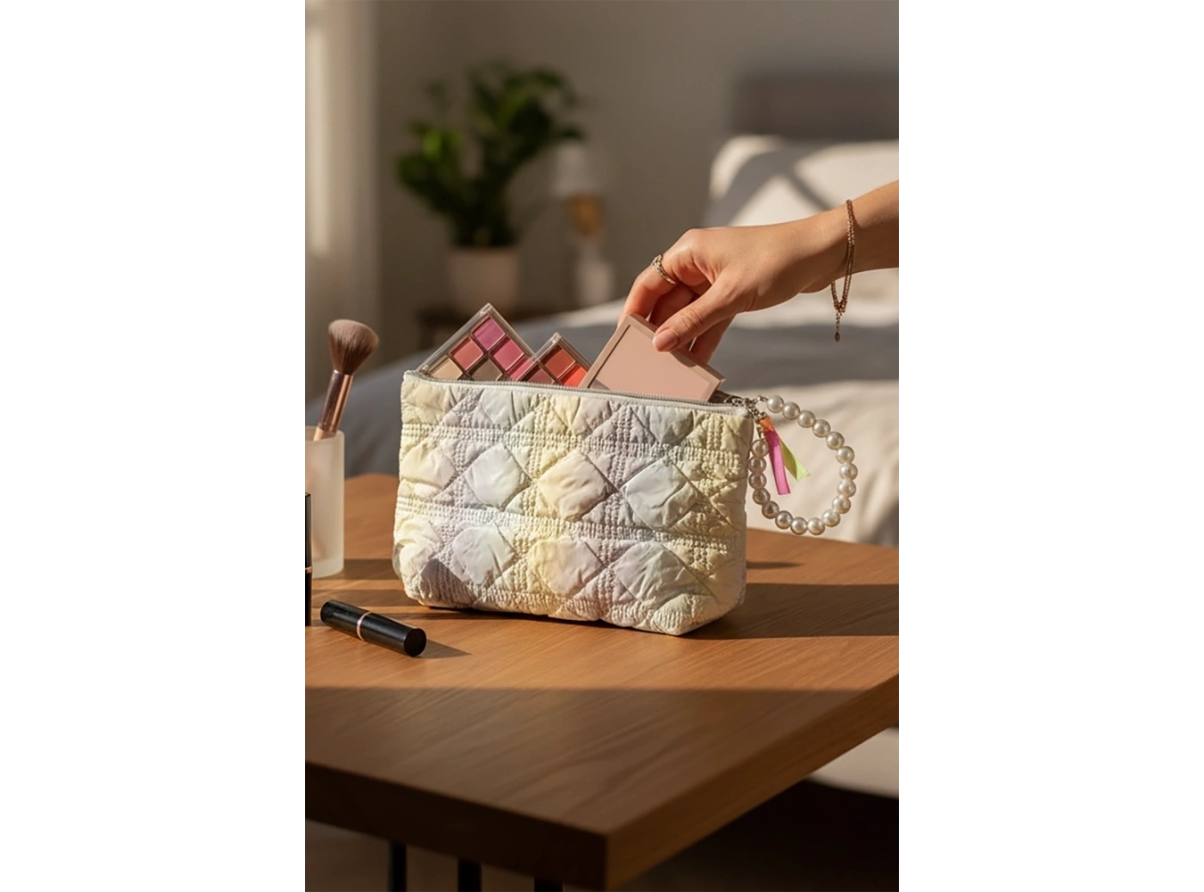 Karışık Renk İnci Detaylı Makyaj Çantası