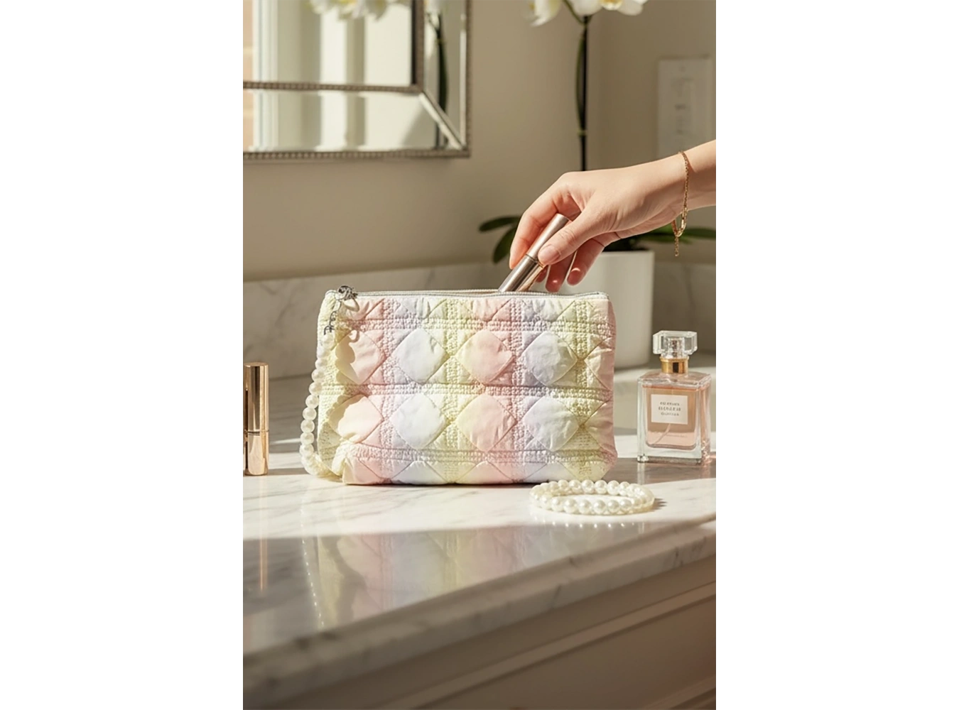 Karışık Renk İnci Detaylı Makyaj Çantası