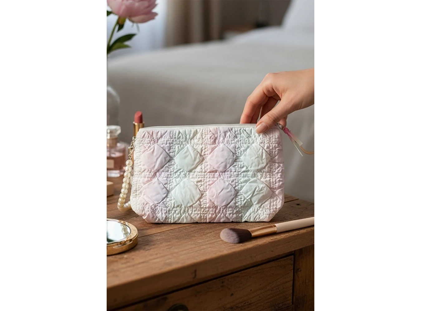 Karışık Renk İnci Detaylı Makyaj Çantası