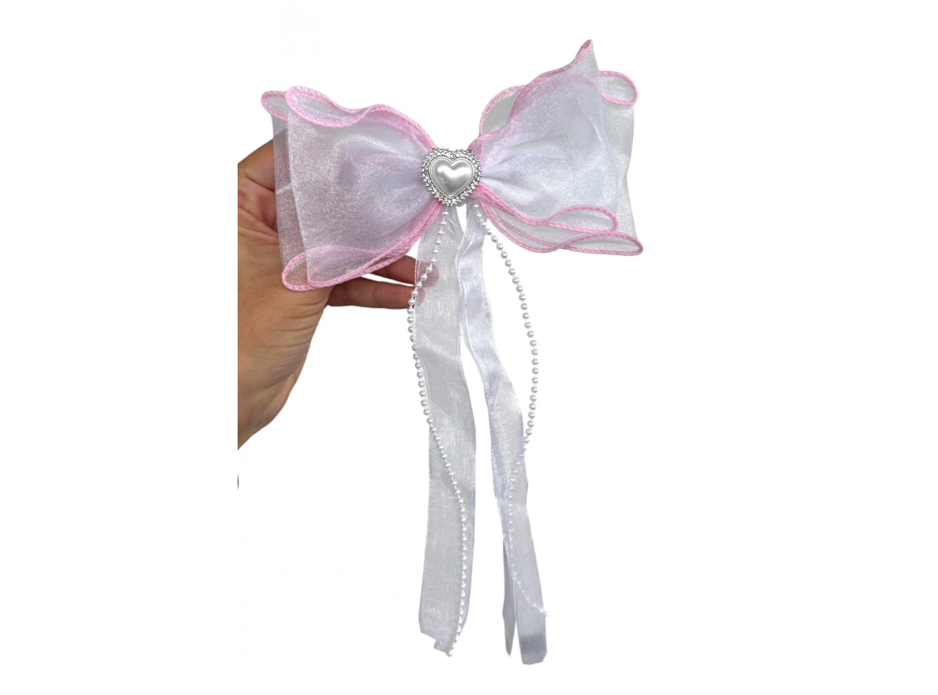 Karışık Renk İnci Ve Kalp Detaylı Kurdele Otomat Toka