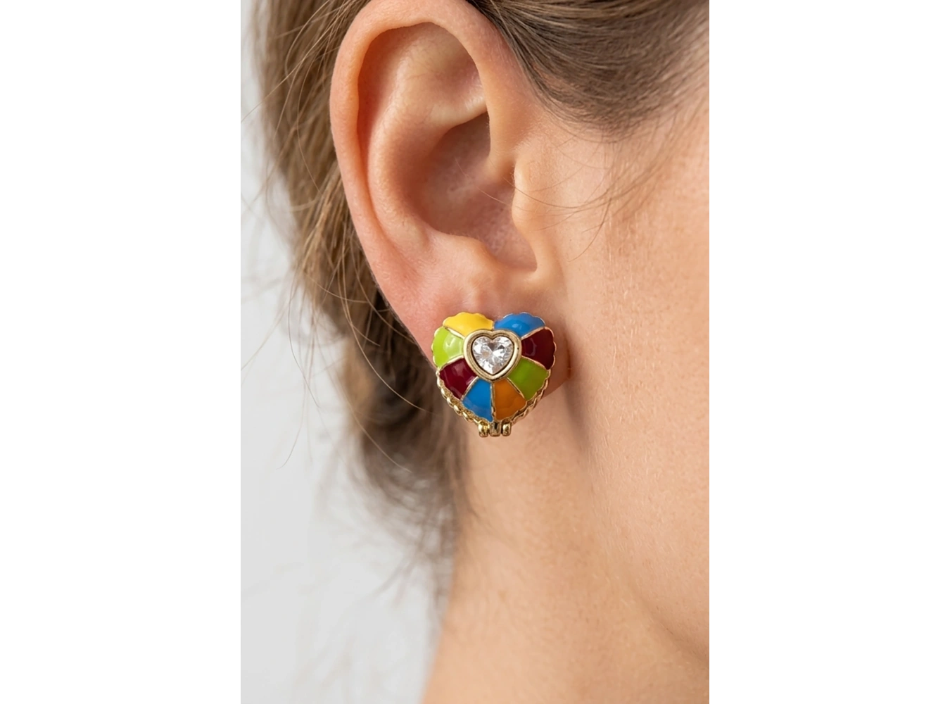 Karışık Renk Kalp Figürlü Çift Taraflı Taş Detaylı Küpe (Çift)