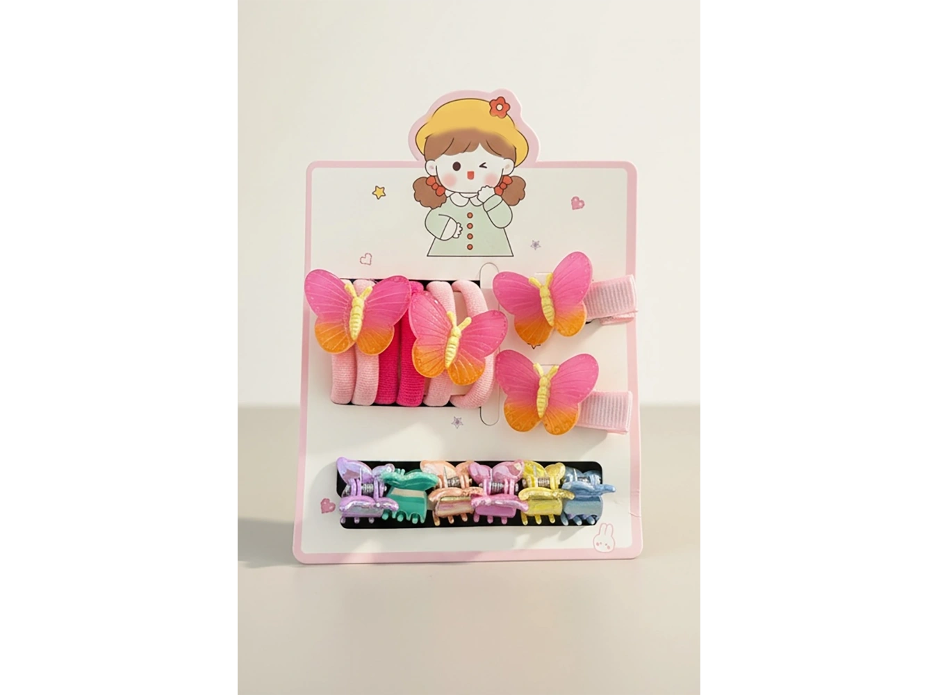 Karışık Renk Kelebek Figürlü Lastik Toka Ve Yan Toka Set