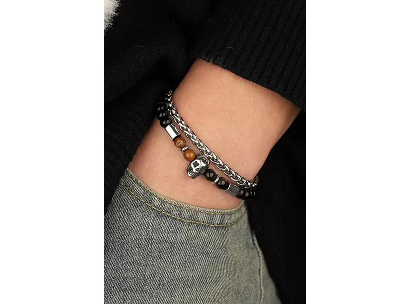 Karışık Renk Kurukafa Figürlü Zincir Ve Boncuk  Detaylı Çelik Erkek Bileklik