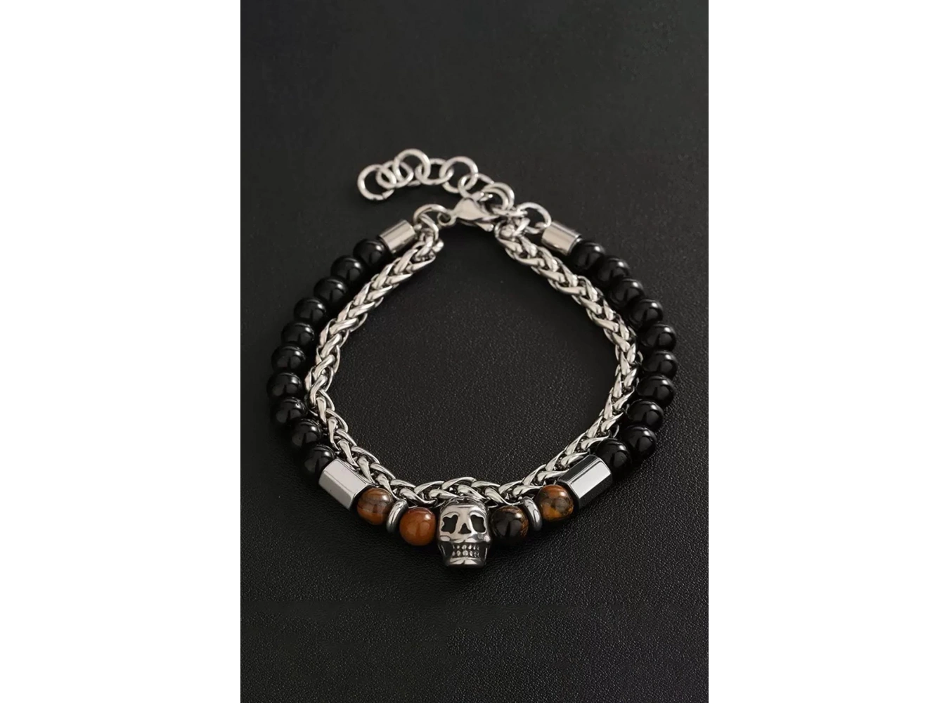 Karışık Renk Kurukafa Figürlü Zincir Ve Boncuk  Detaylı Çelik Erkek Bileklik