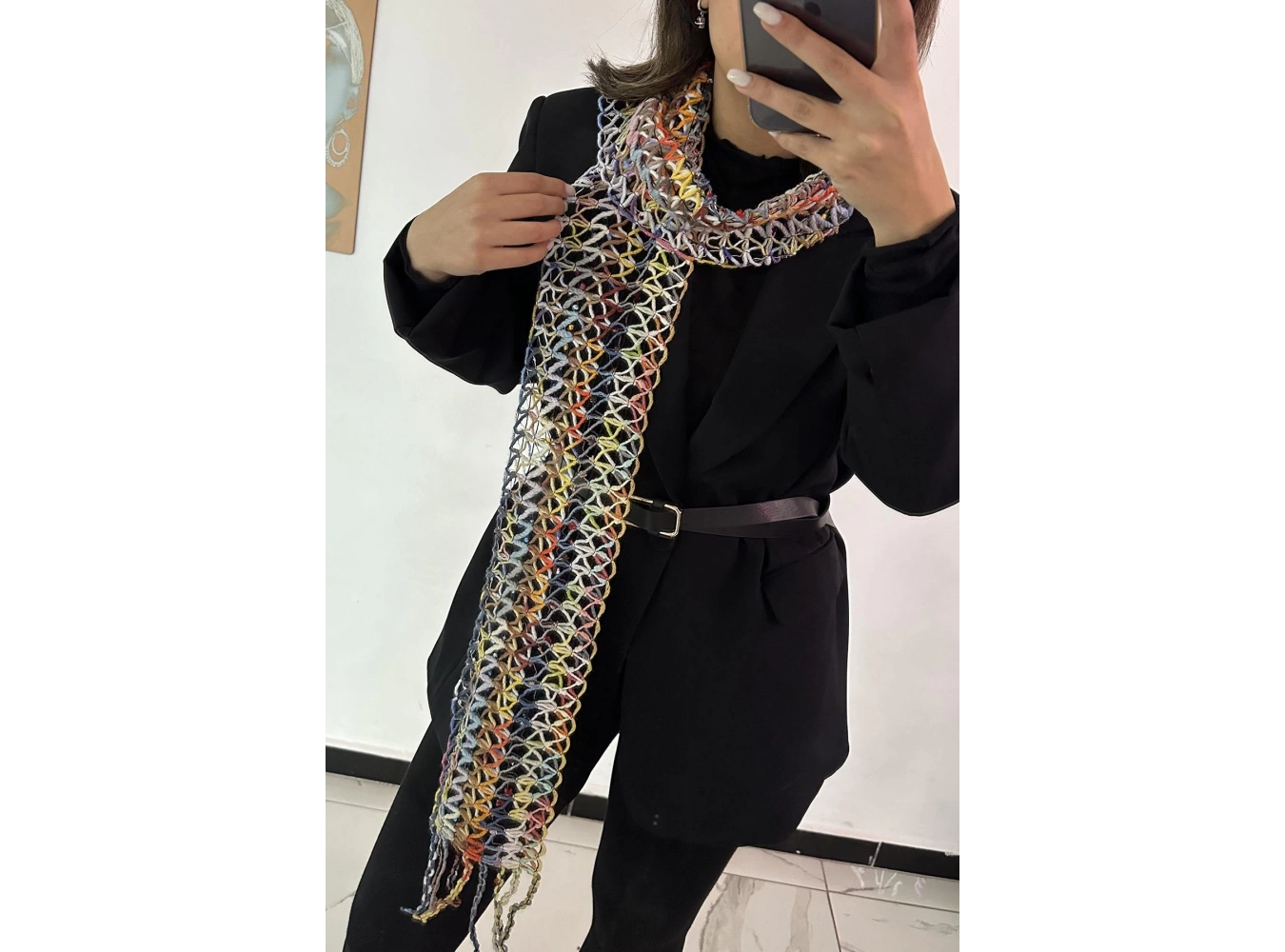 Karışık Renk Örgü Detaylı Şal