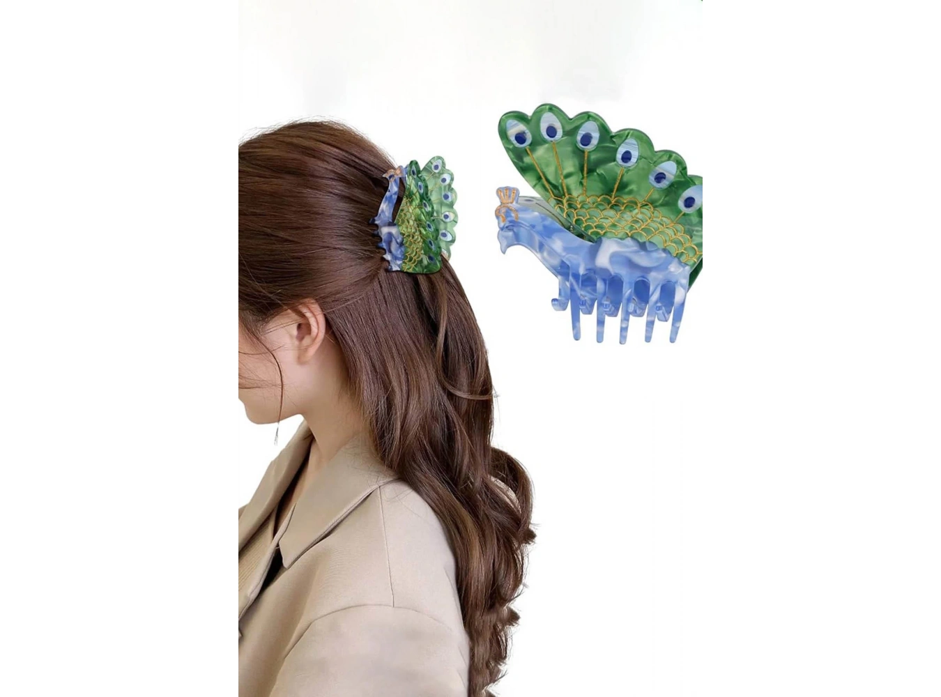 Karışık Renk Tavus Kuşu Figürlü Kemik Mandal Toka