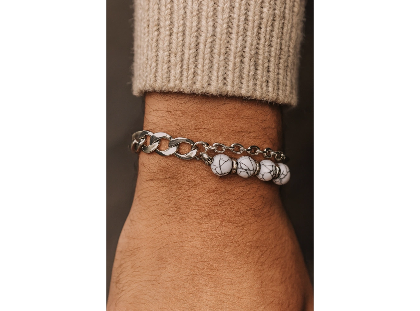 Karışık Renk Zincir Ve Boncuk Detaylı Çelik Erkek Bileklik