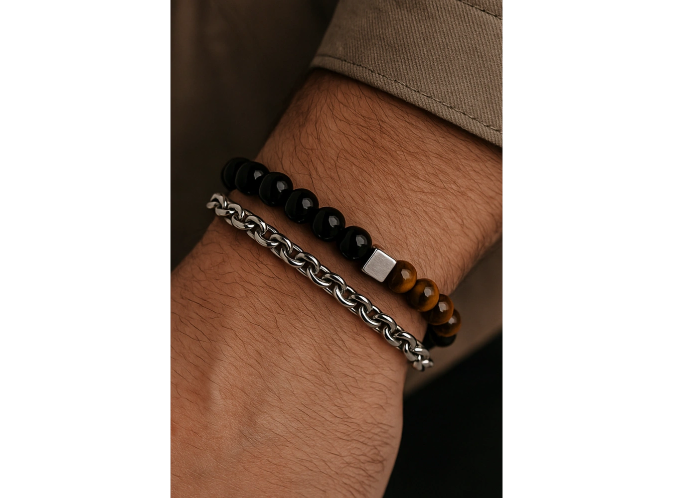 Karışık Renk Zincir Ve Boncuk Detaylı Çelik Erkek Bileklik