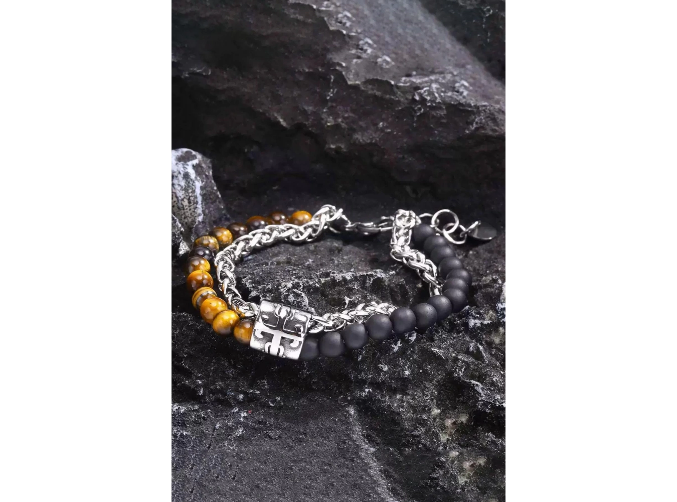 Karışık Renk Zincir Ve Boncuk Detaylı Çelik Erkek Bileklik