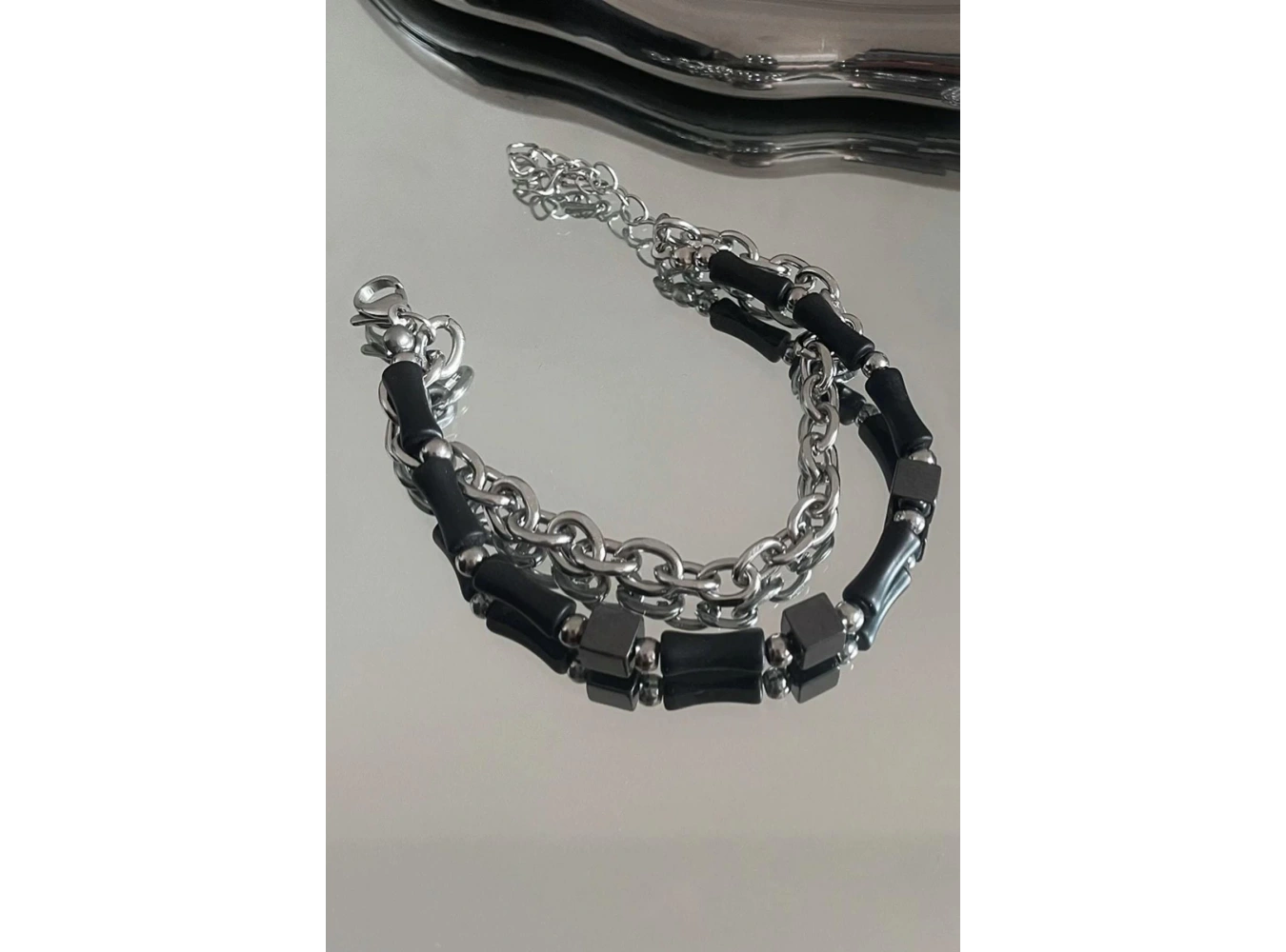 Karışık Renk Zincir Ve Boncuk Detaylı Çelik Erkek Bileklik