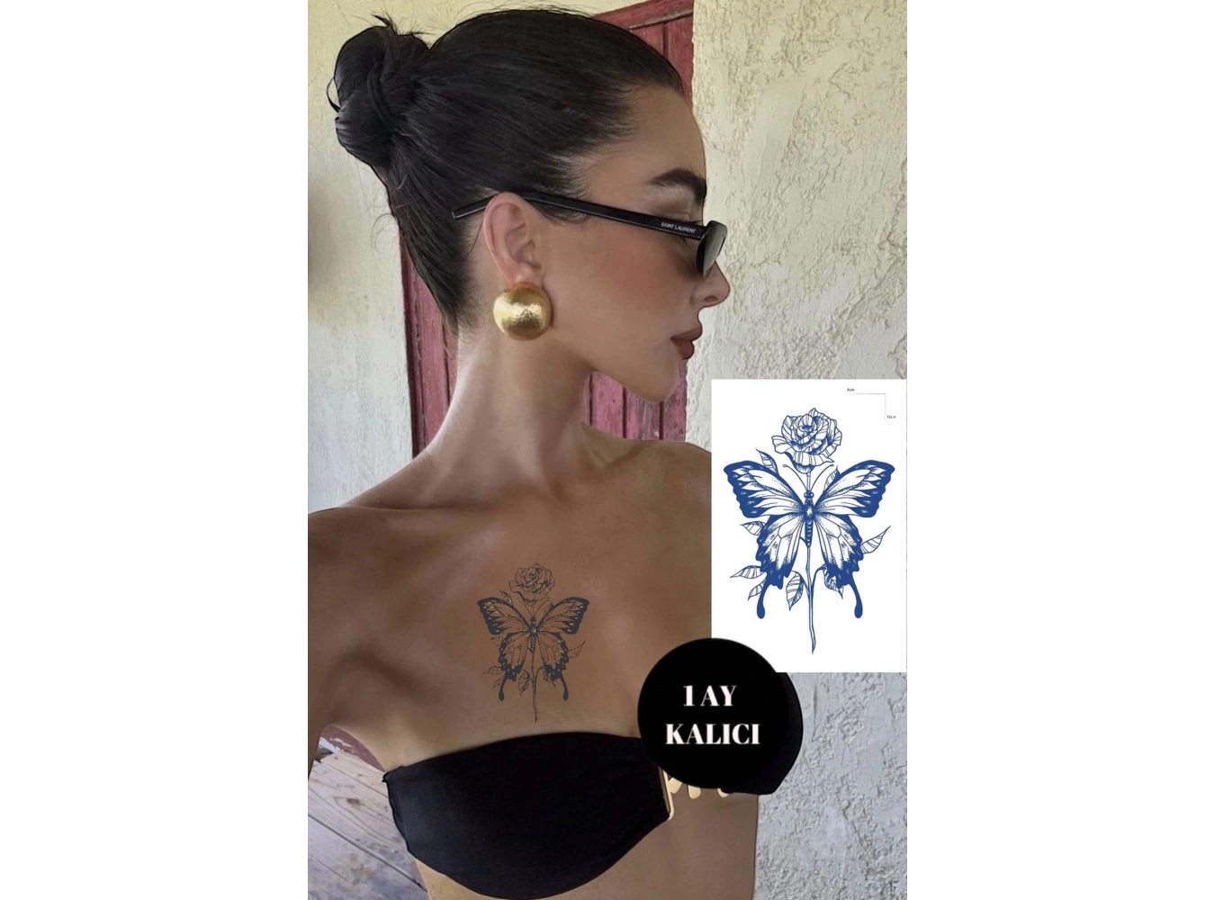Kelebek Ve Gül Figürlü 12 Saat Sonra Kararan Geçici Dövme Tattoo