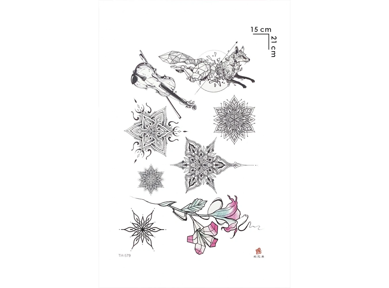 Keman Gül Tilki ve Motifli Geçici Dövme Tattoo