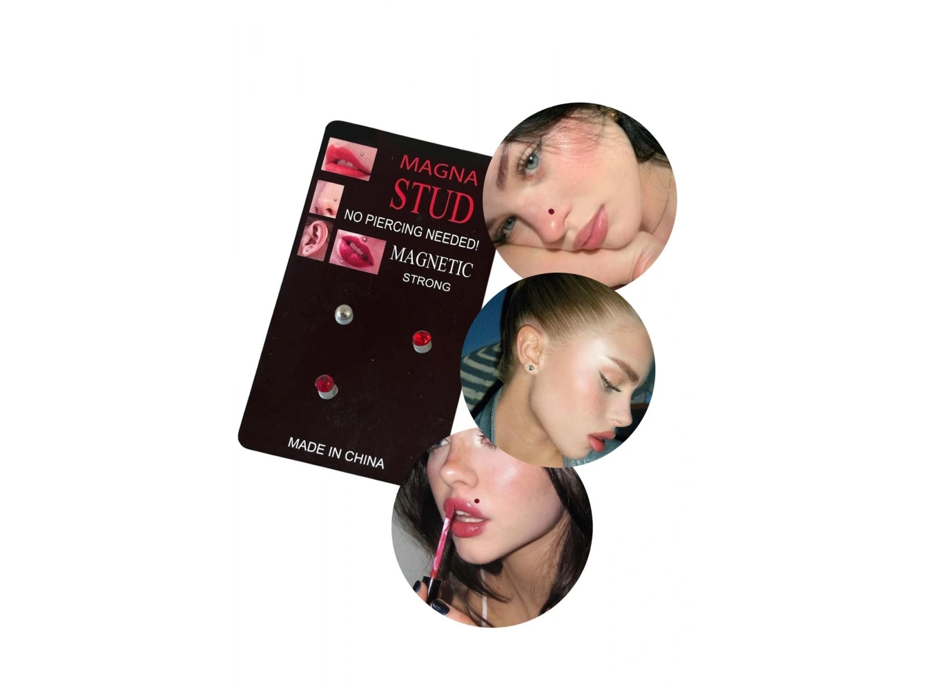 Kırmızı Renk 3lü Burun/Dudak/Kulak Delik Gerektirmeyen Cerrahi Mıknatıslı Çelik Piercing