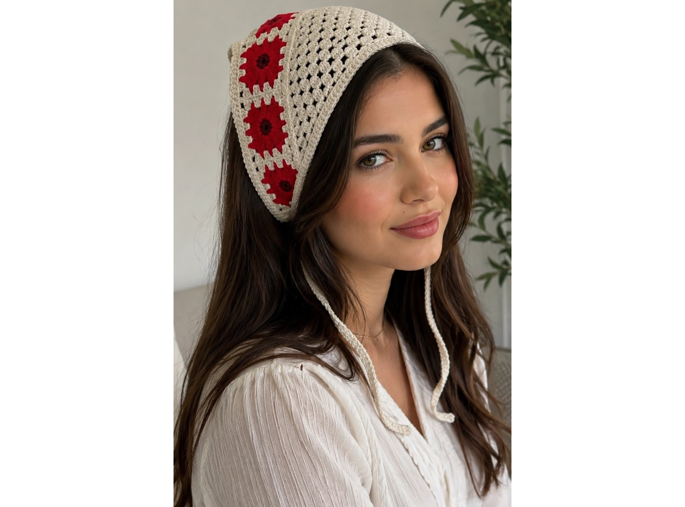 Kırmızı Renk Çiçek Desenli Örgü Saç Bandana