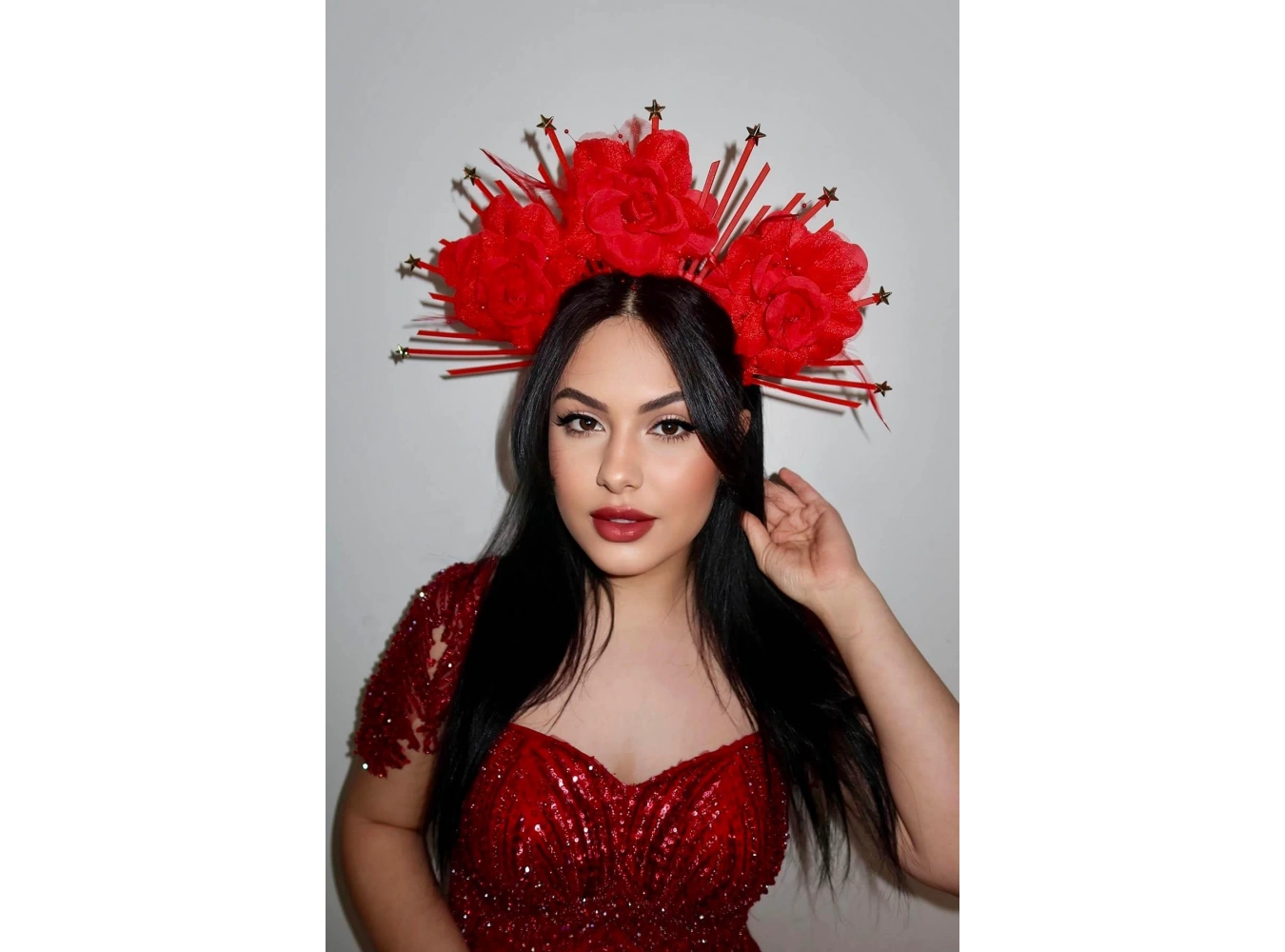 Kırmızı Renk Çiçek Detaylı Gelin/Kına/Nişan/Söz/Bride Tasarım Taç