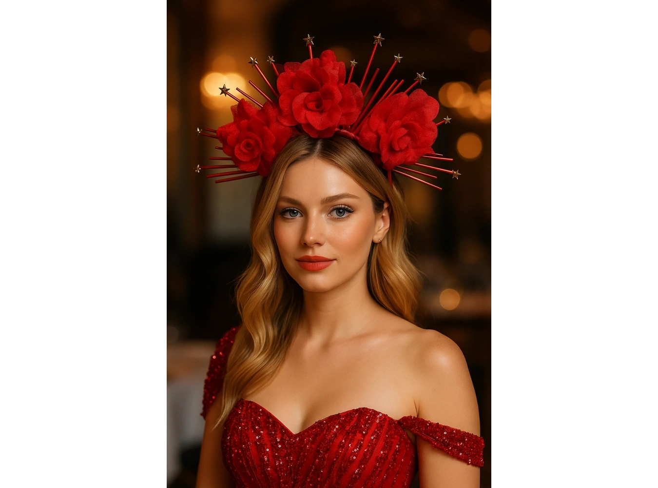 Kırmızı Renk Çiçek Detaylı Gelin/Kına/Nişan/Söz/Bride Tasarım Taç