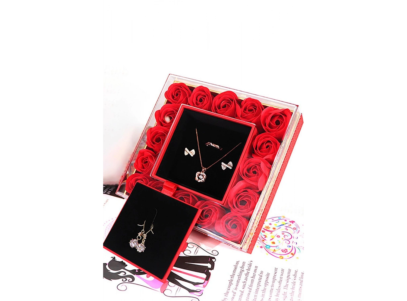 Kırmızı Renk Gül Detaylı Yüzük/Kolye/Küpe Kutusu