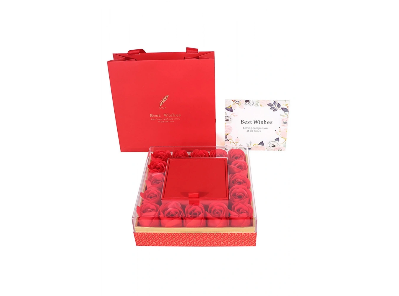 Kırmızı Renk Gül Detaylı Yüzük/Kolye/Küpe Kutusu