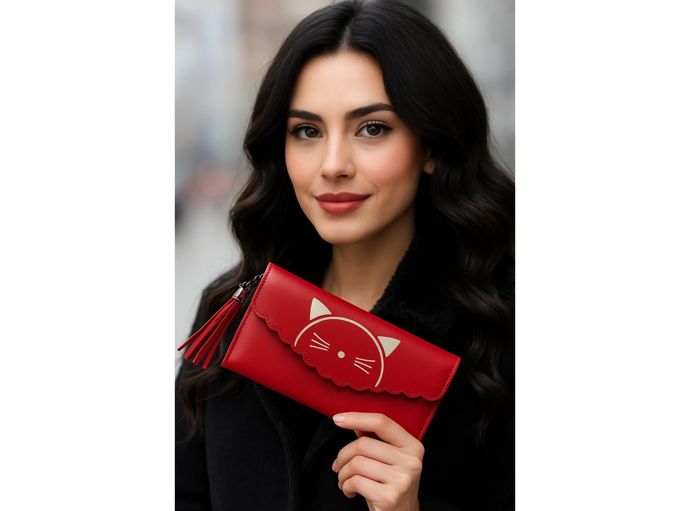 Kırmızı Renk Kedi Figürlü Deri Kadın Cüzdan