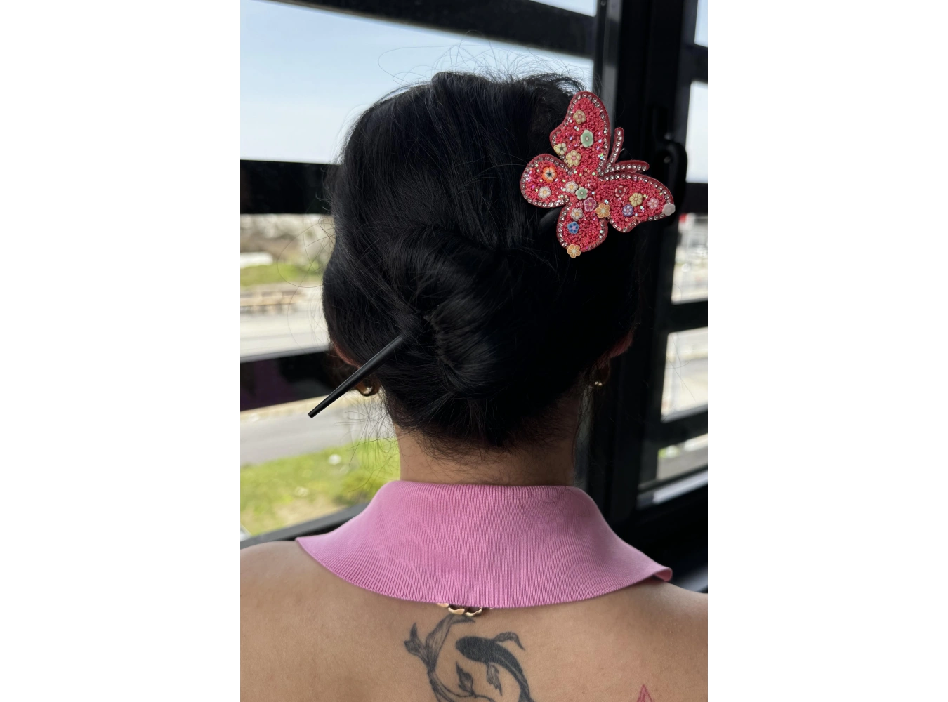 Kırmızı Renk Kelebek Figürlü Topuz Tokası/Topuz Kalemi