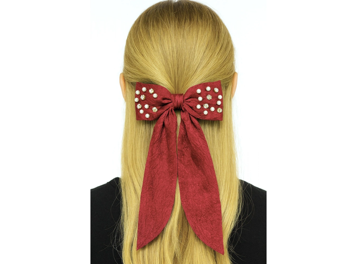 Kırmızı Renk Kurdele Figürlü İnci Ve Taş Detaylı Otomat Toka