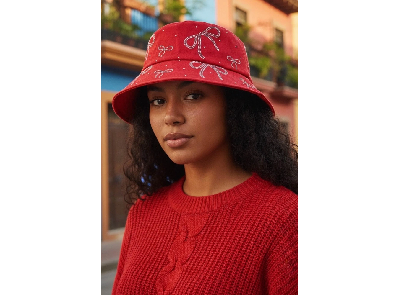 Kırmızı Renk Kurdele Figürlü Taş Detaylı Tasarım Şapka