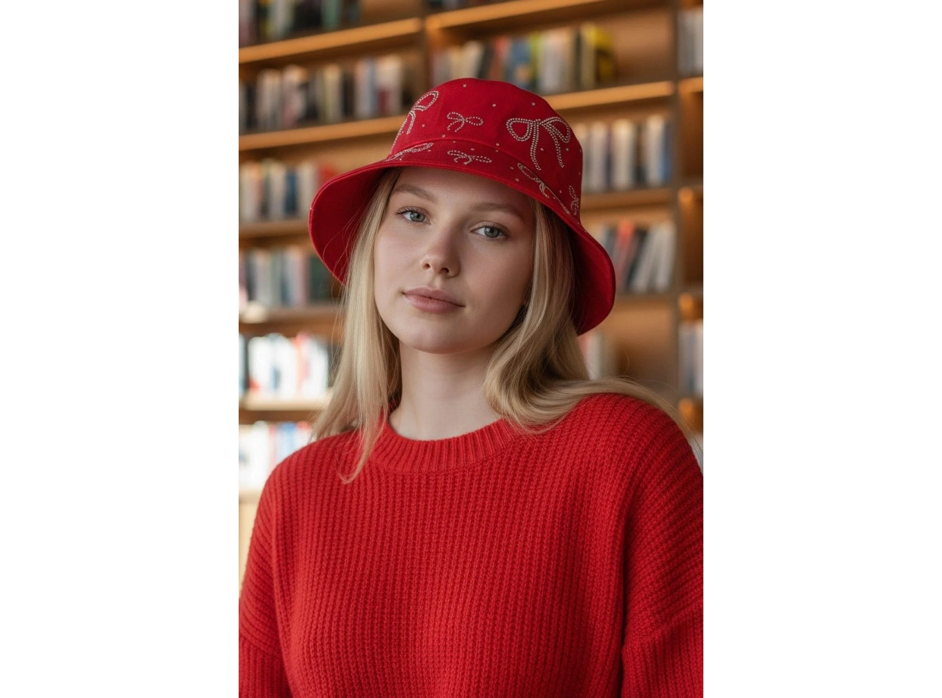 Kırmızı Renk Kurdele Figürlü Taş Detaylı Tasarım Şapka