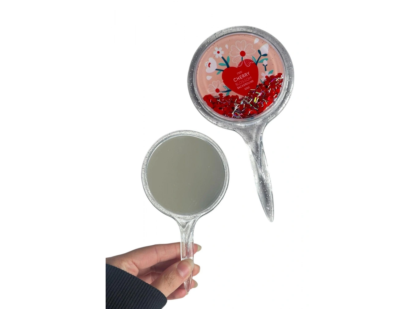 Kırmızı Renk Pul Detaylı Karışık Figürlü El Aynası