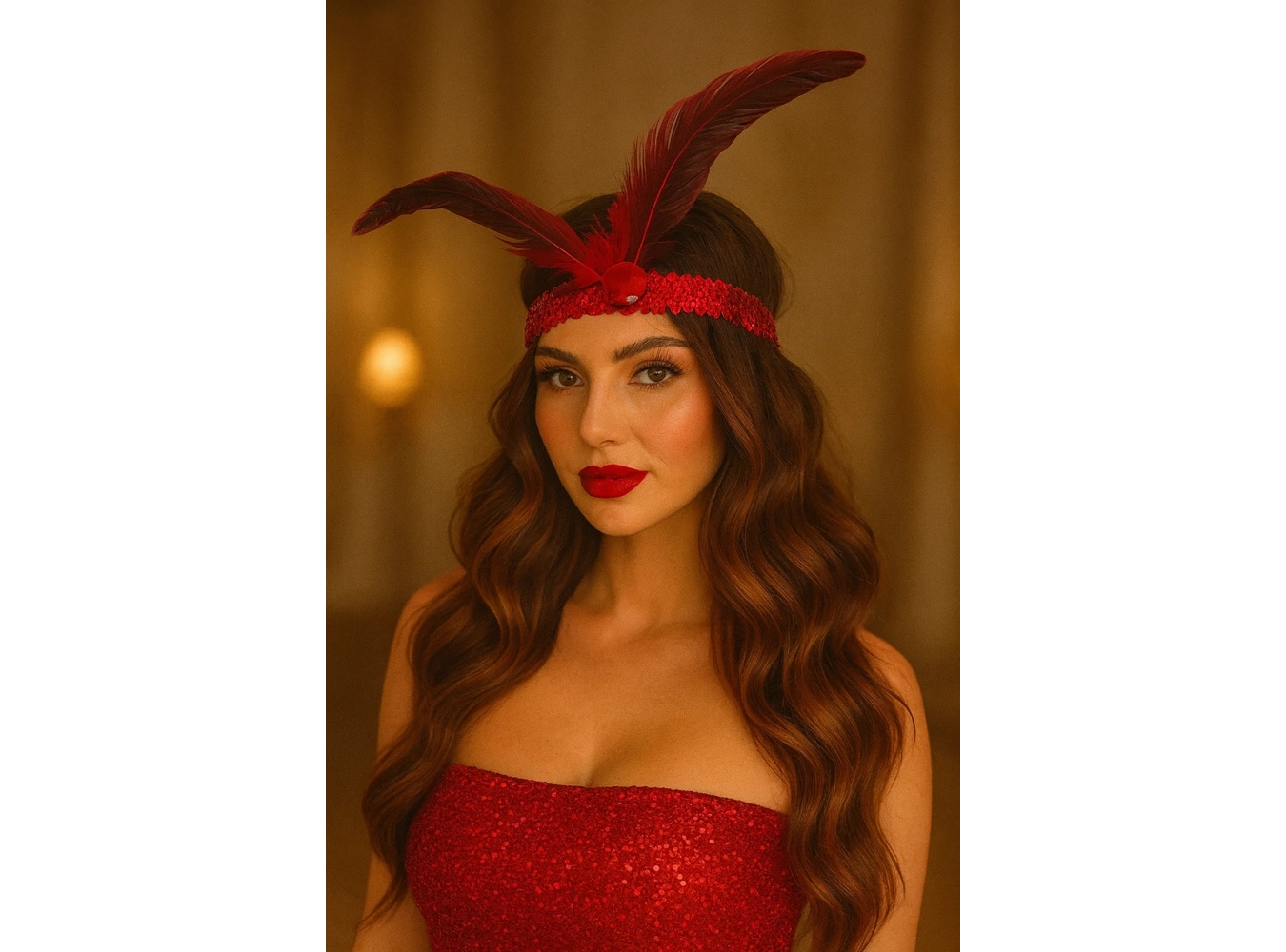 Kırmızı Renk Tüy Figürlü Charleston Saç Bandı