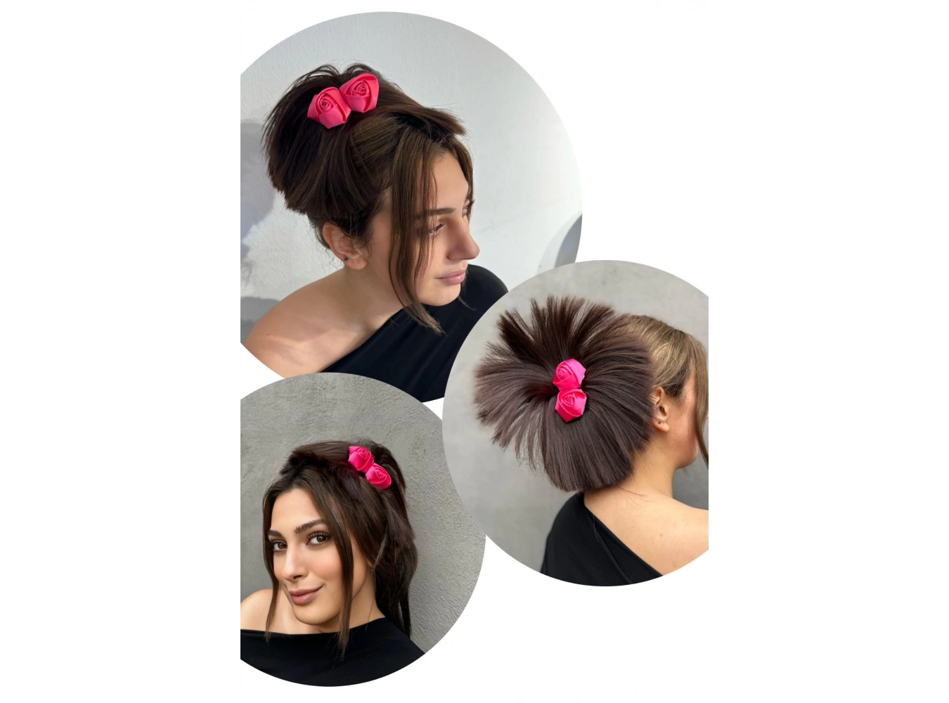 Koyu Kahve Renk Pembe Gül Detaylı Dağınık Topuz Efektli Mandal Toka