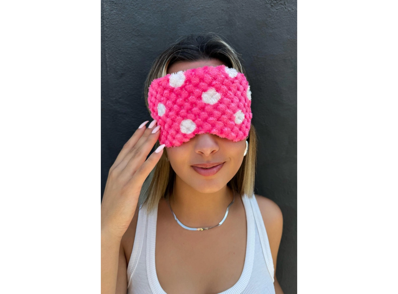 Koyu Pembe Renk Benekli Peluş Uyku Bandı