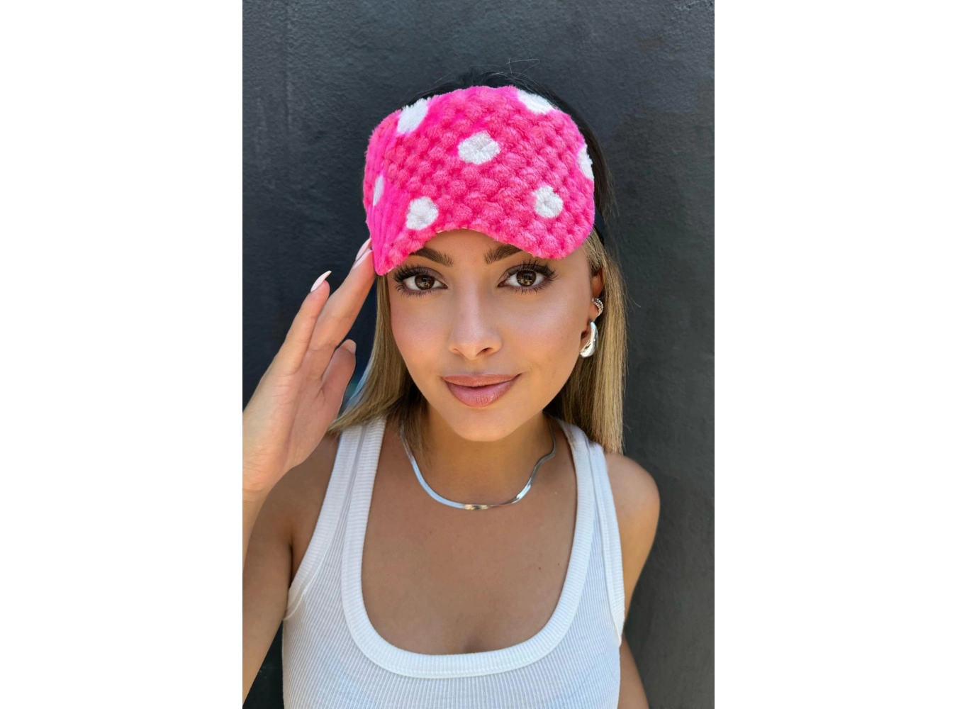 Koyu Pembe Renk Benekli Peluş Uyku Bandı