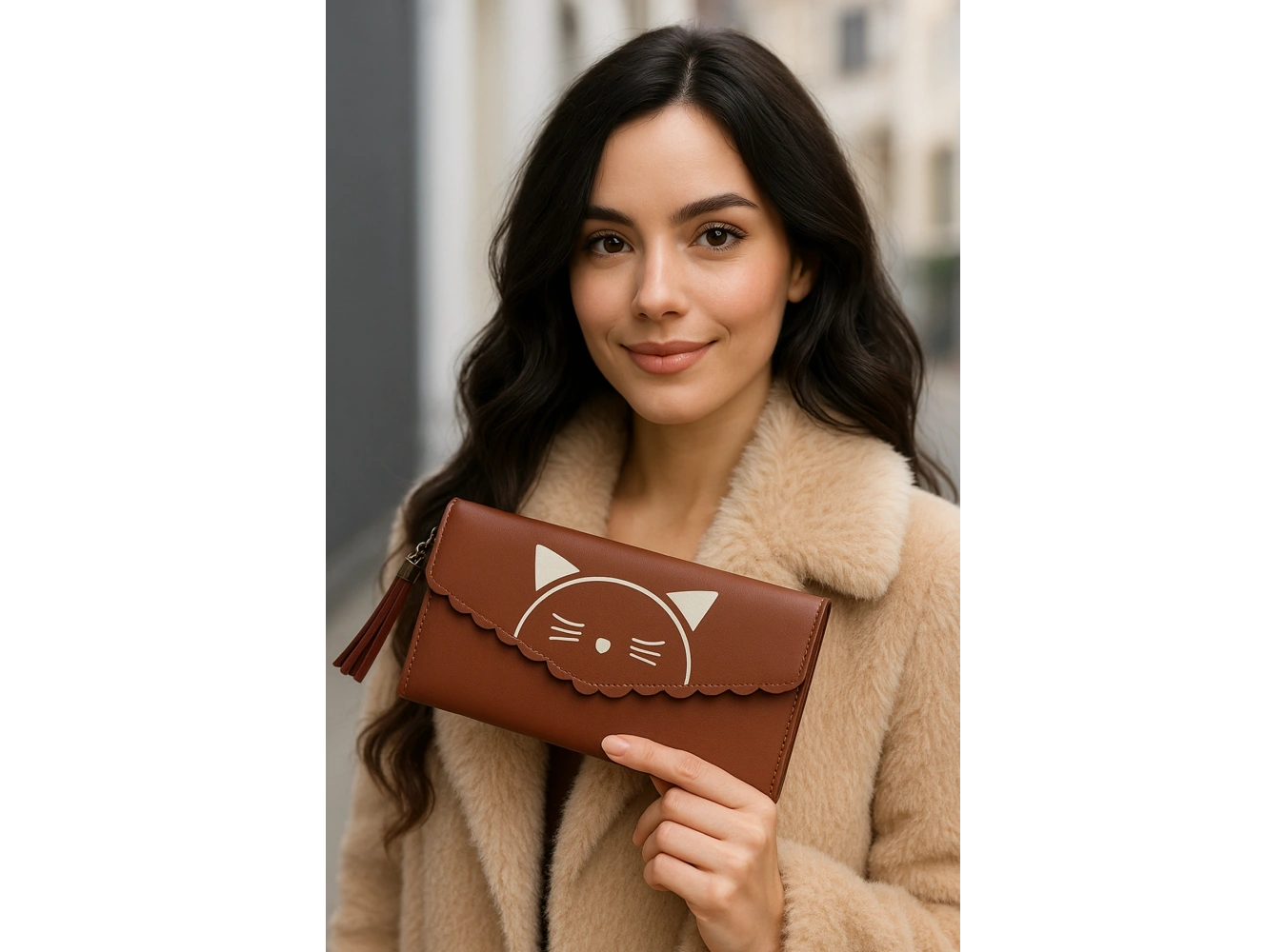 Koyu Pembe Renk Kedi Figürlü Deri Kadın Cüzdan