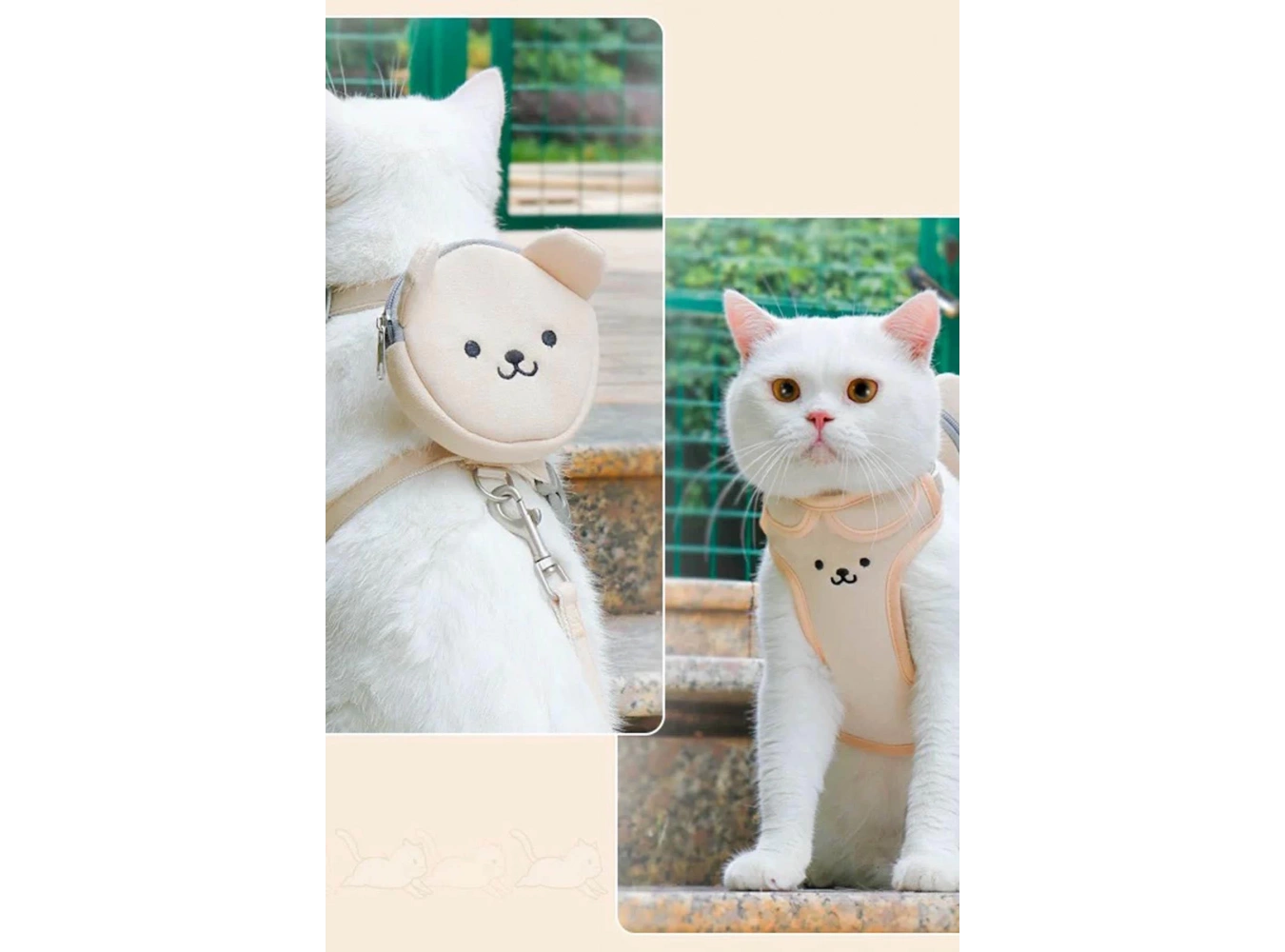 Krem Renk Ayıcık Figürlü Çanta Detaylı Bel Göğüs Ayarlanabilir Kedi/Köpek Tasma