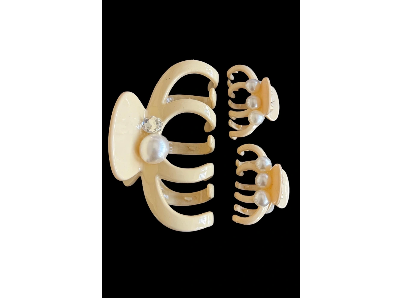 Krem Renk İnci Detaylı 3lü Kemik Mandal Toka Set