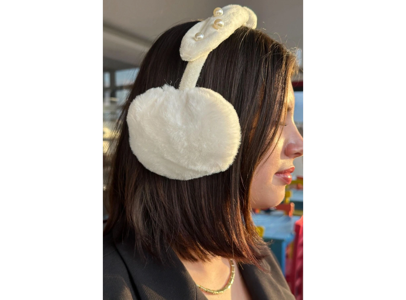 Krem Renk İnci Detaylı Kulaklı Çocuk Peluş Kulaklık