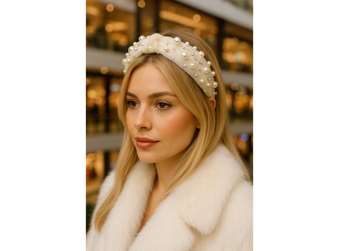 Krem Renk İnci Detaylı Taşlı Taç