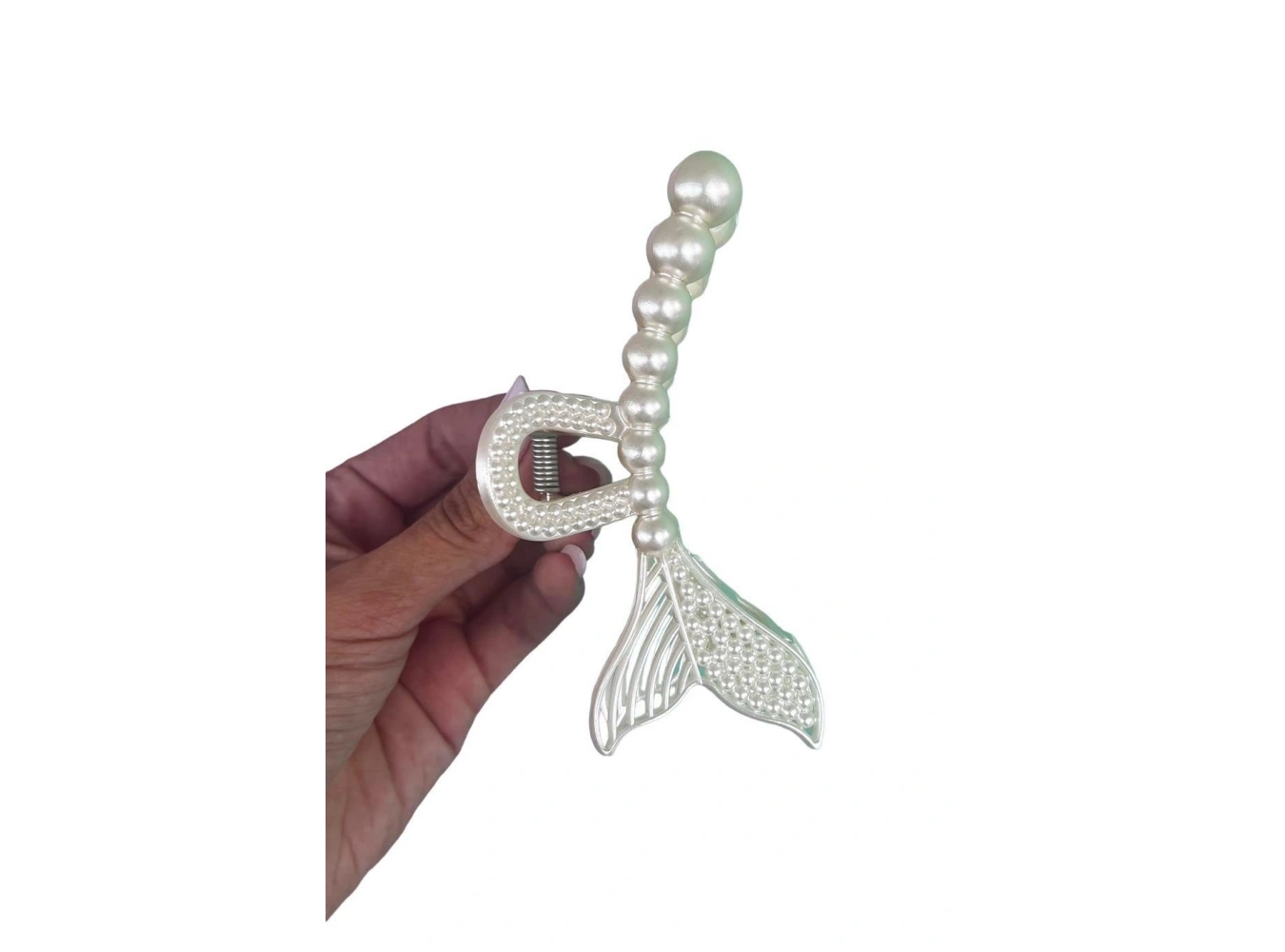 Krem Renk İncili Büyük Boy Balık Figürlü Mandal Toka