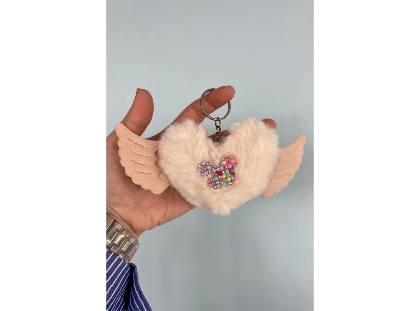 Krem Renk Karışık Figürlü Kelebek Detaylı Peluş Anahtarlık