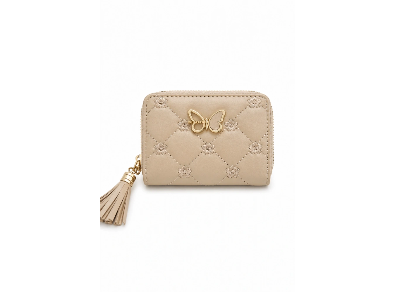 Krem Renk Kelebek Figürlü Deri Kadın Cüzdan