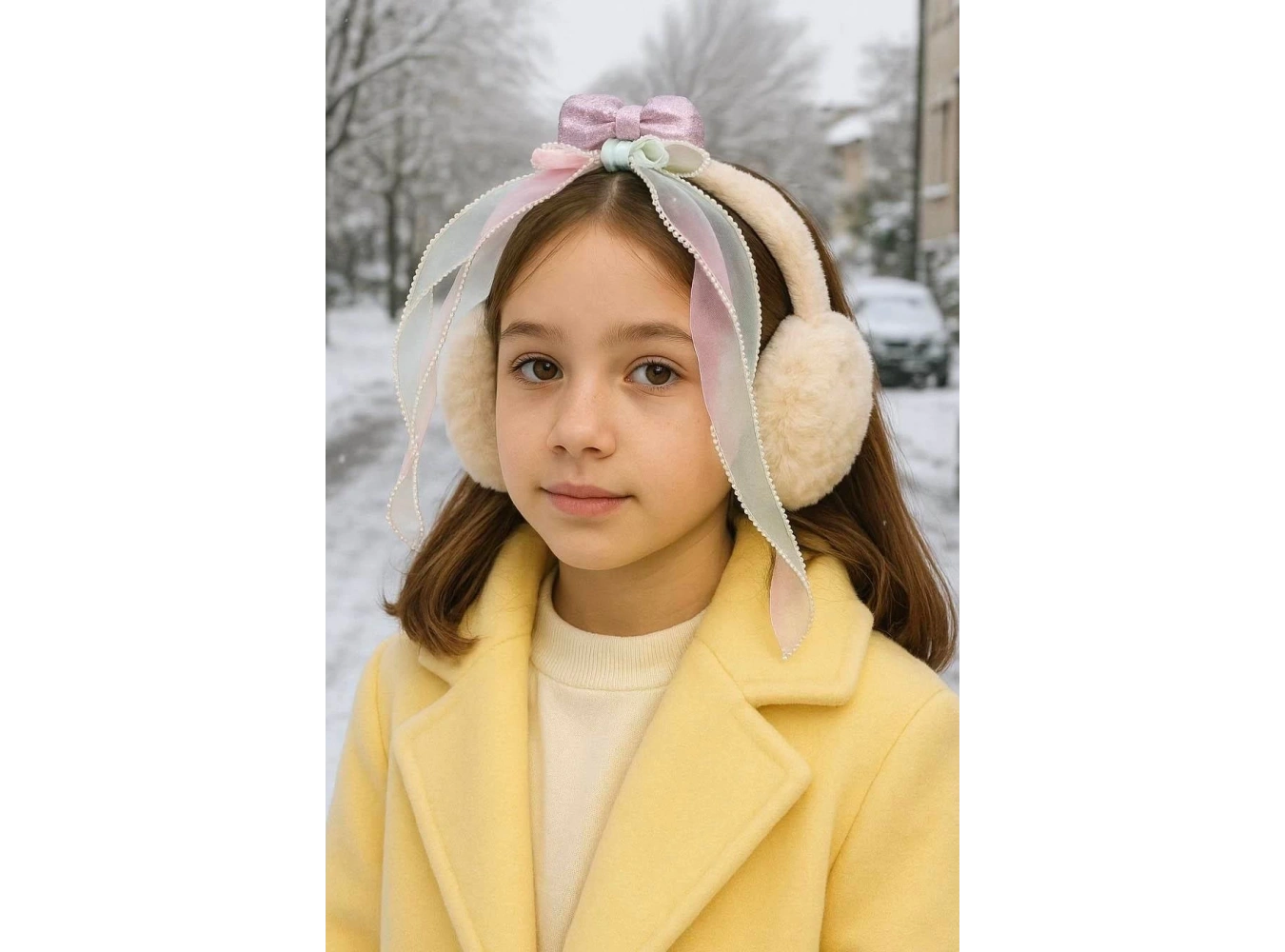 Krem Renk Kurdele Figürlü Peluş Kulaklık