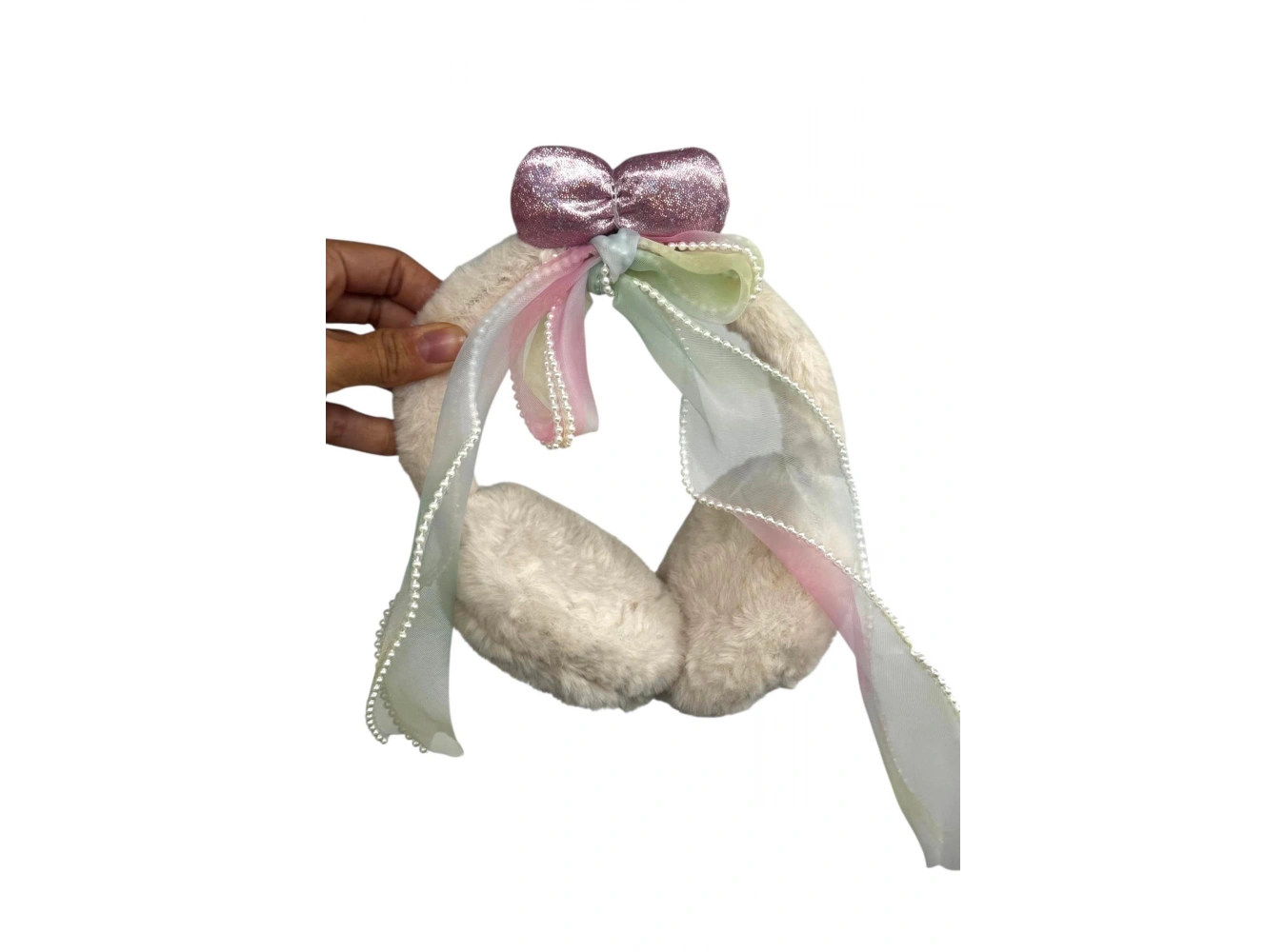 Krem Renk Kurdele Figürlü Peluş Kulaklık