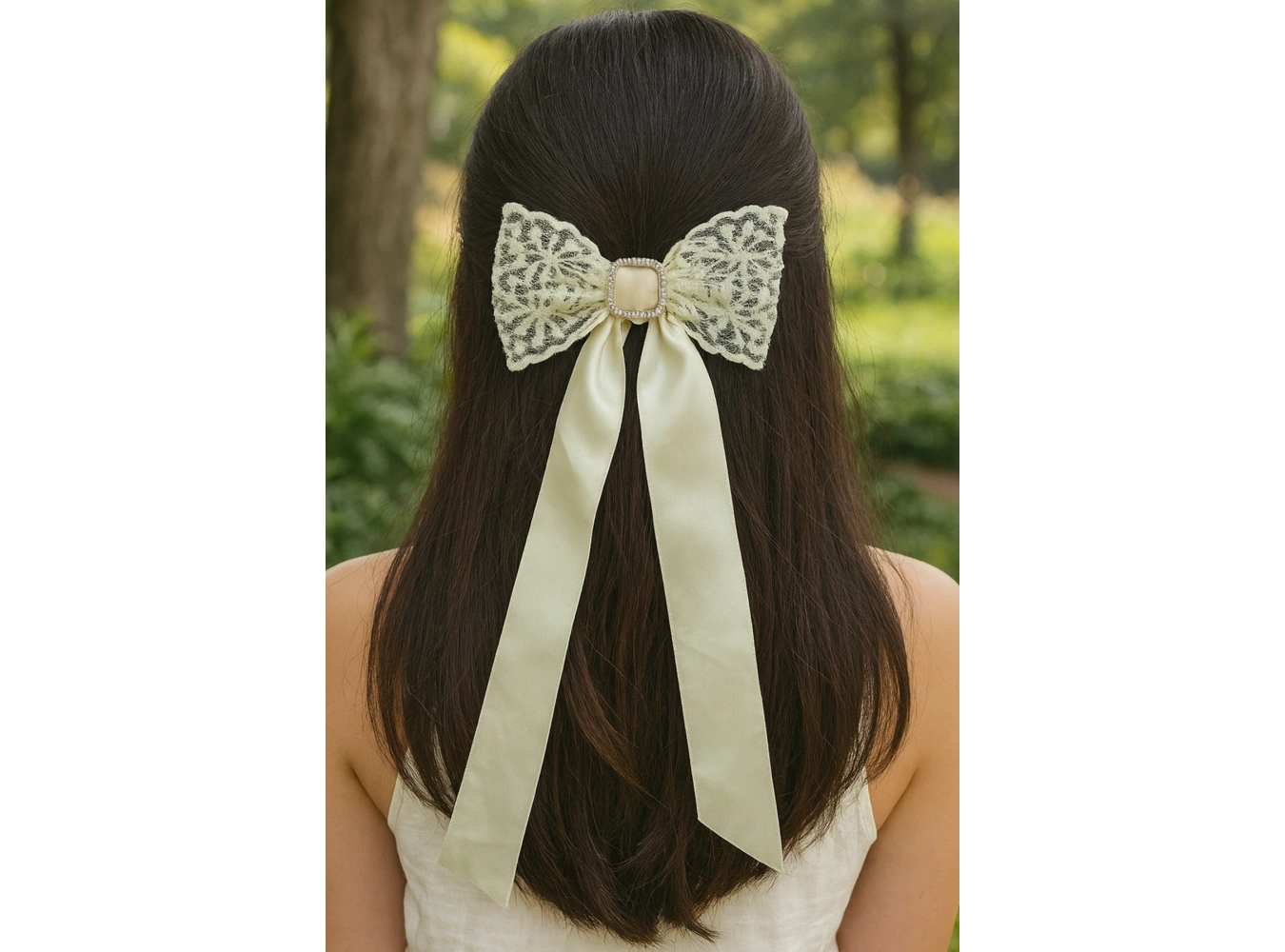 Krem Renk Kurdele Figürlü Taş Detaylı Otomat Toka