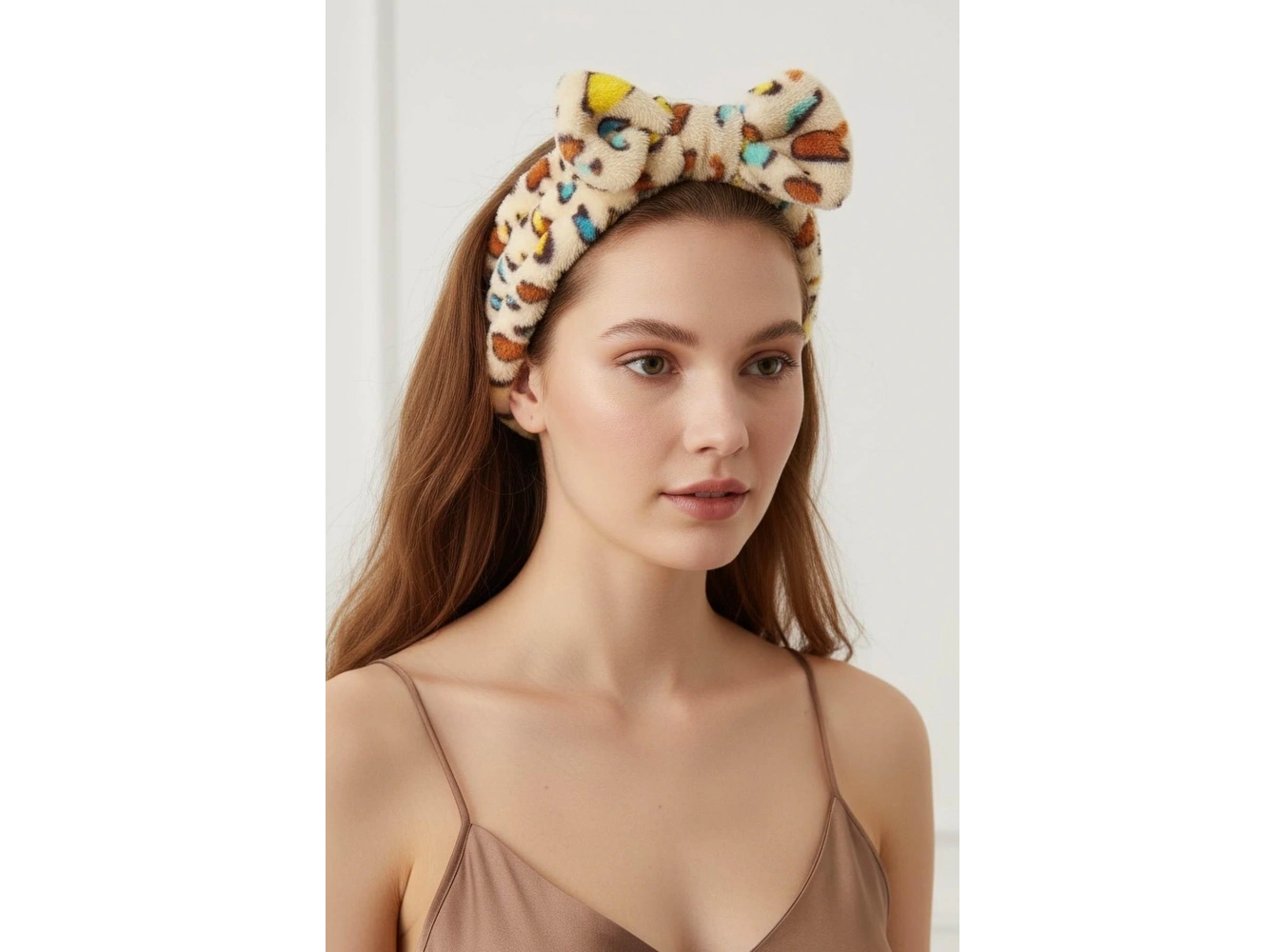 Krem Renk Leopar Figürlü Peluş Saç Bandı