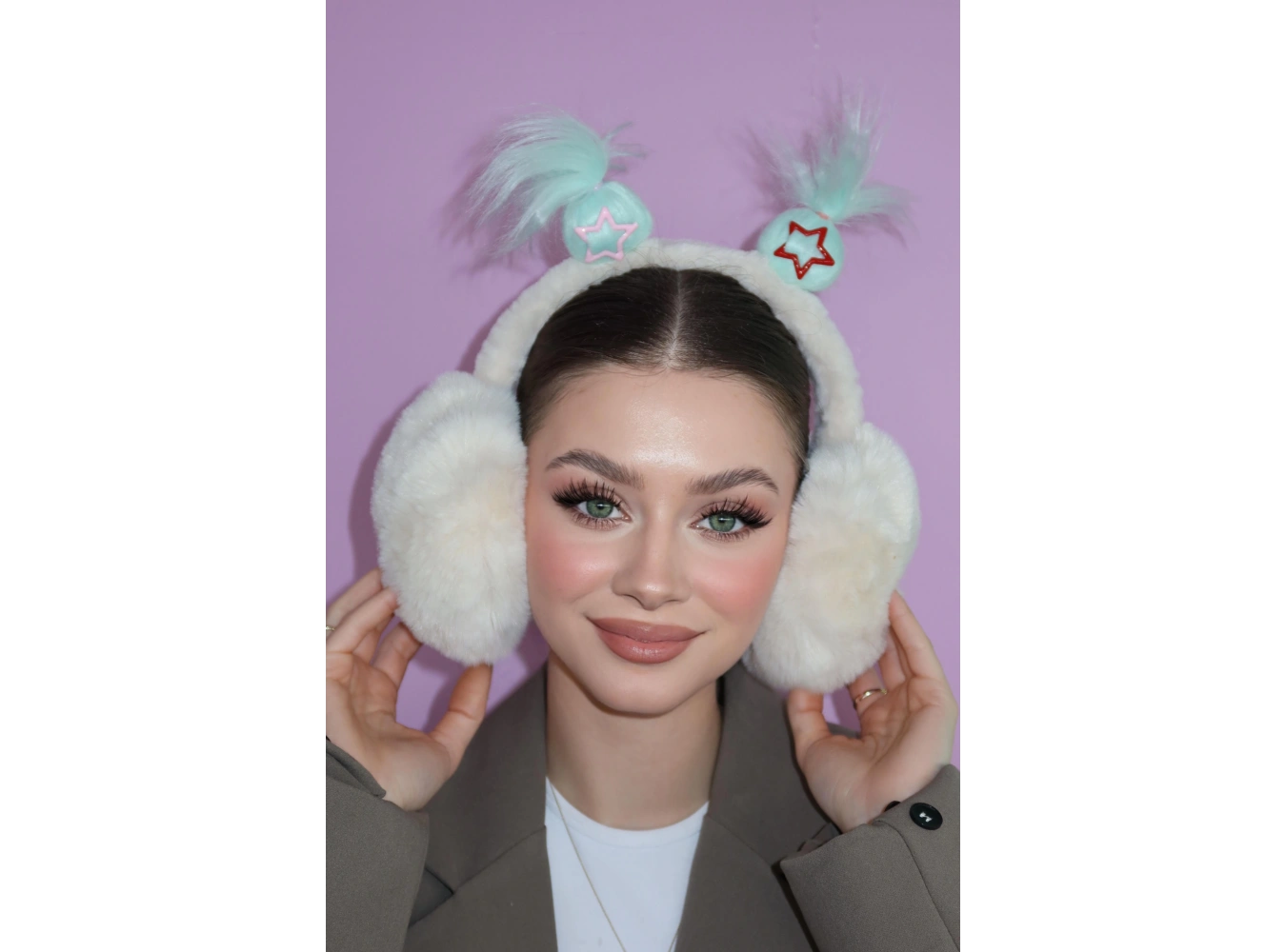 Krem Ve Turkuaz Renk Saç Detaylı Peluş Kulaklık