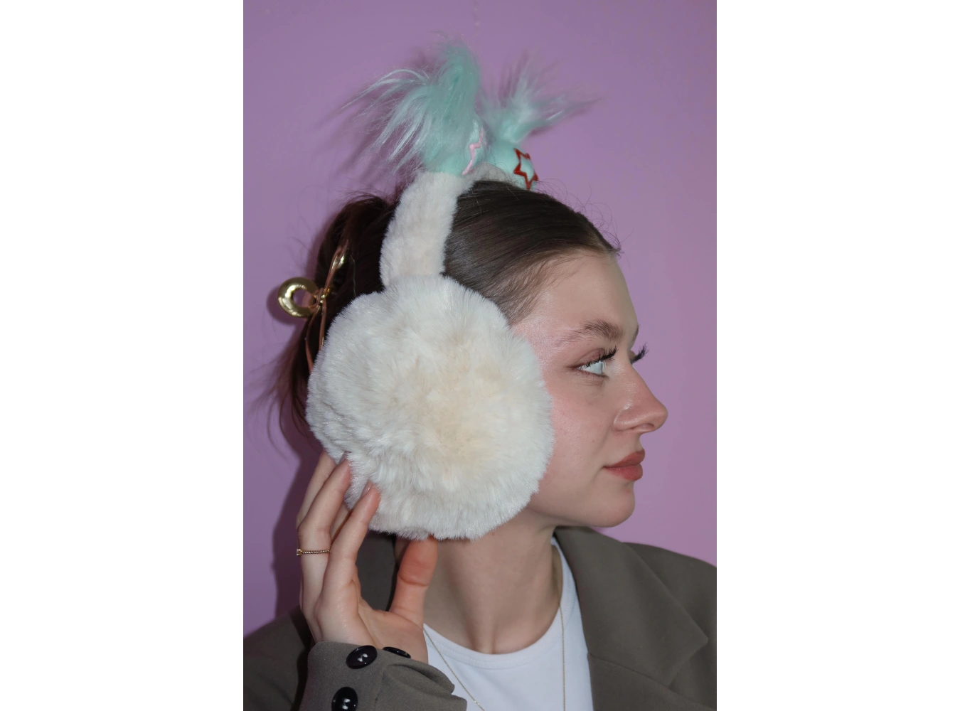 Krem Ve Turkuaz Renk Saç Detaylı Peluş Kulaklık